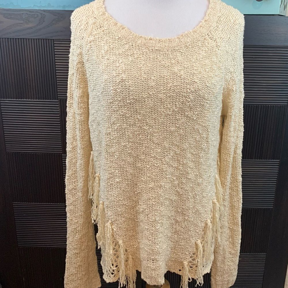 Rip Curl lightweight tan crochet & fringe sweater